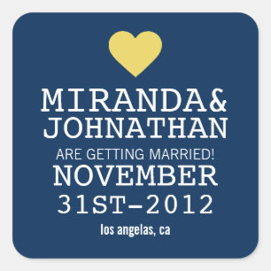 Navy & Yellow Bold Heart Save The Date Stickers