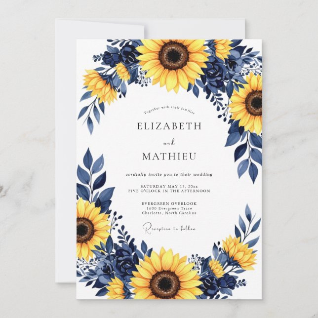 Navy Yellow Bold Sunflower Wedding Invitation (Front)