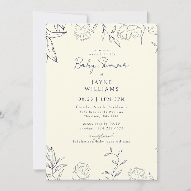Navy & Yellow Botanical Art Neutral Baby Shower Invitation (Front)
