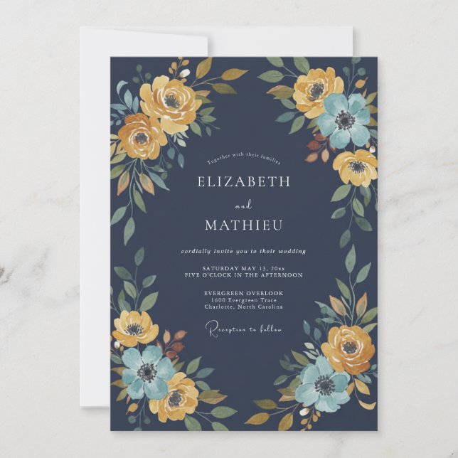 Navy Yellow Botanical Floral Wedding Invitation (Front)