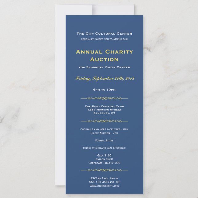 Navy yellow business gala event corporate long invitation (Front)