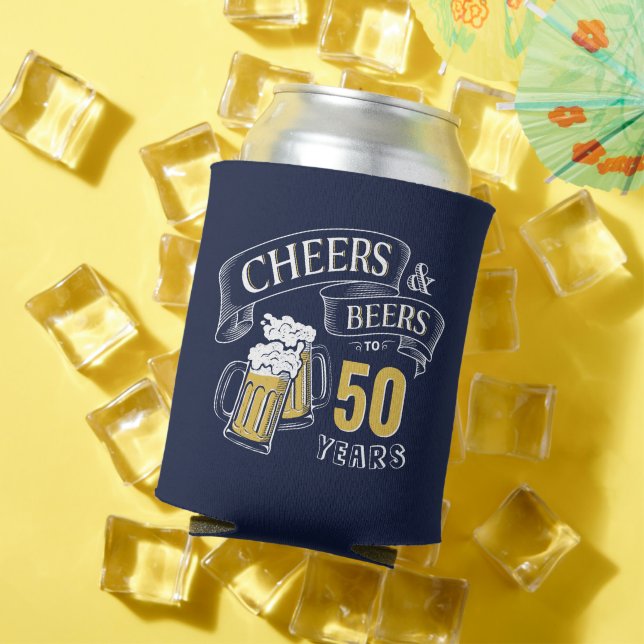 Navy Yellow Cheers And Beers Any Age Birthday Can Cooler (In Situ Summer)