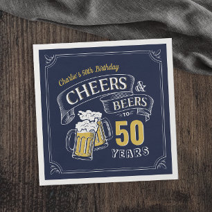 Navy Yellow Cheers And Beers Any Age Birthday Napkin