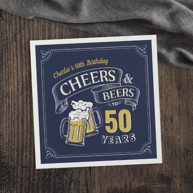 Navy Yellow Cheers And Beers Any Age Birthday Napkin (Navy Yellow Cheers And Beers Any Age Birthday Napkins)