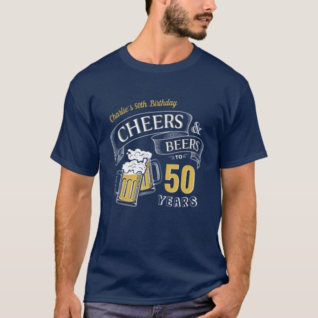 Navy Yellow Cheers And Beers Any Age Birthday T-Shirt (Front)