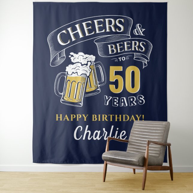 Navy Yellow Cheers And Beers Any Age Birthday Tapestry (In Situ)