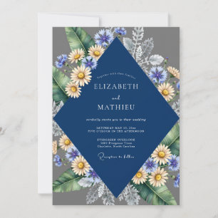 Navy Yellow Daisy Sage Wedding Invitation