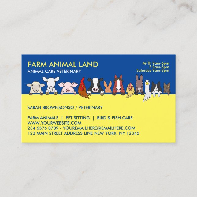Navy Yellow Farm Animal Appointment Veterinarian Business Card (Front)