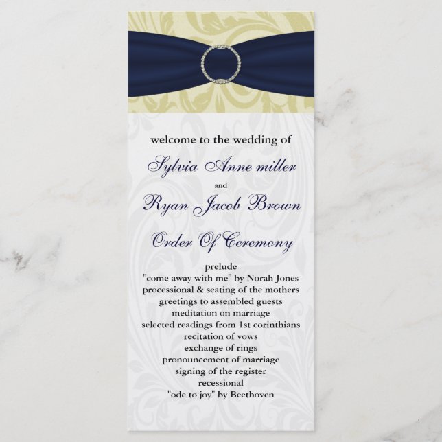 Navy Yellow  FAUX ribbon diamante buckle Wedding Programme (Front)