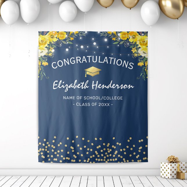 Navy & Yellow Floral Graduation Photo Backdrop Tapestry (Creator Uploaded)