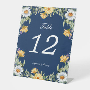 Navy Yellow Florals Wedding Table Number Pedestal Sign