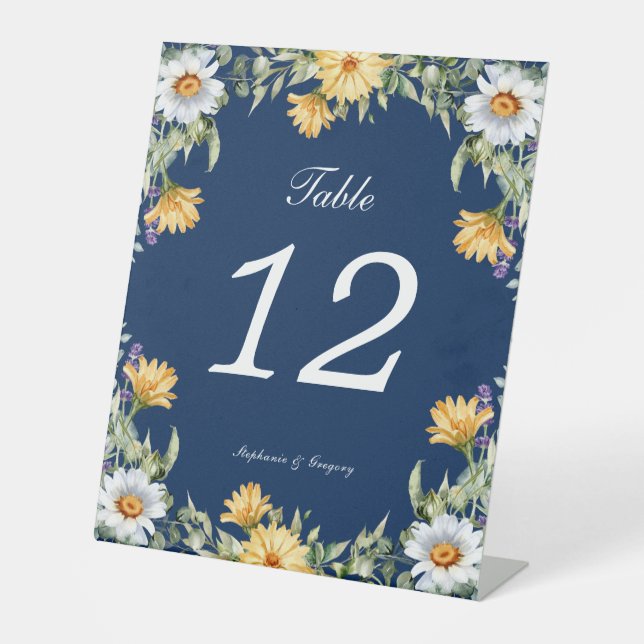 Navy Yellow Florals Wedding Table Number Pedestal Sign (Front)