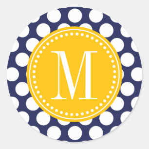 Navy & Yellow Green Big Polka Dots Monogrammed Classic Round Sticker