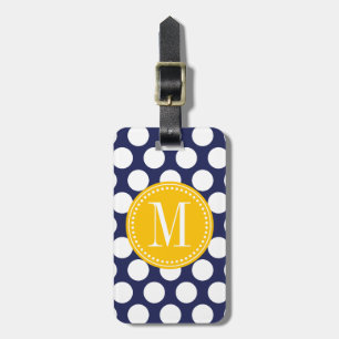 Navy & Yellow Green Big Polka Dots Monogrammed Luggage Tag