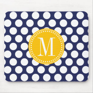 Navy & Yellow Green Big Polka Dots Monogrammed Mouse Mat