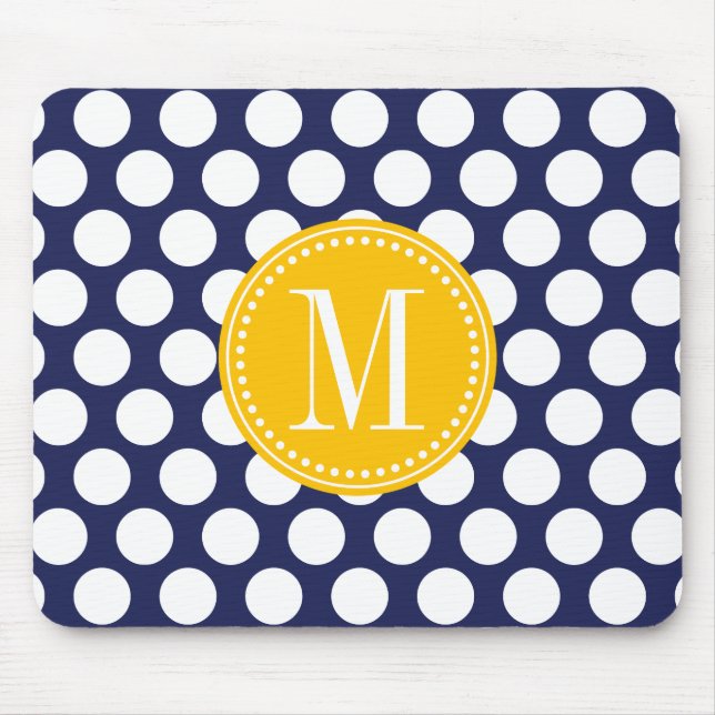 Navy & Yellow Green Big Polka Dots Monogrammed Mouse Mat (Front)