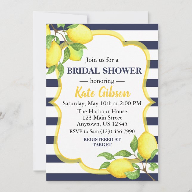 Navy & Yellow Lemon Floral Baby Shower Invitation (Front)