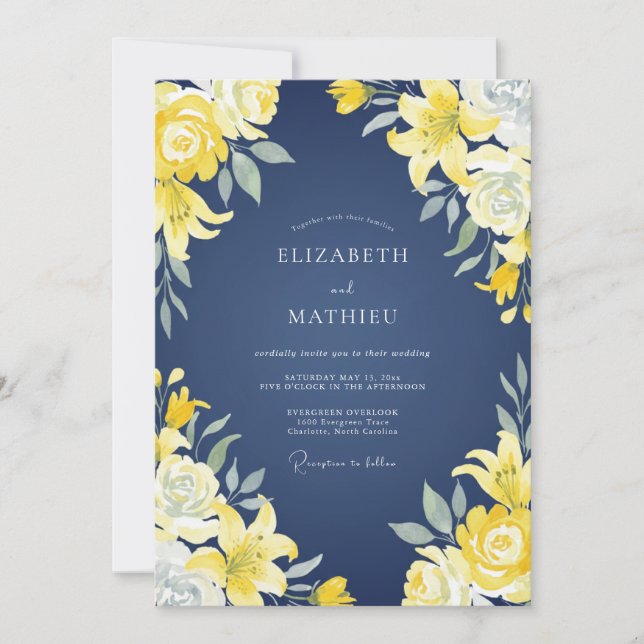 Navy Yellow Lily Wedding Invitation (Front)