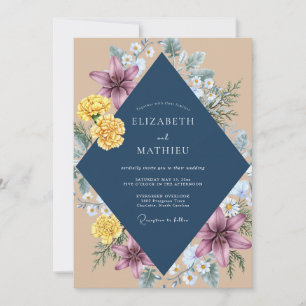 Navy Yellow Marigold Eucalyptus Wedding Invitation