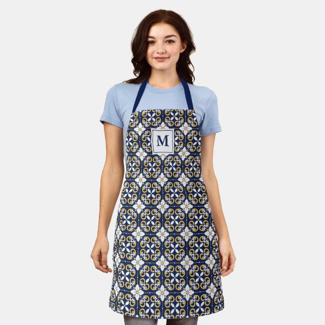 Navy & Yellow Moroccan Floral Pattern Monogram Apron (Worn)