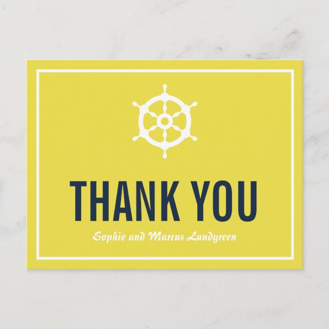 Navy & Yellow Nautical Wedding Thank You Postcard (Front)