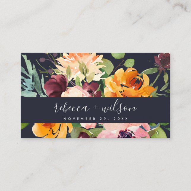 NAVY YELLOW ORANGE FLORA BUNCH WEDDING WEBSITE BUSINESS CARD (Front)