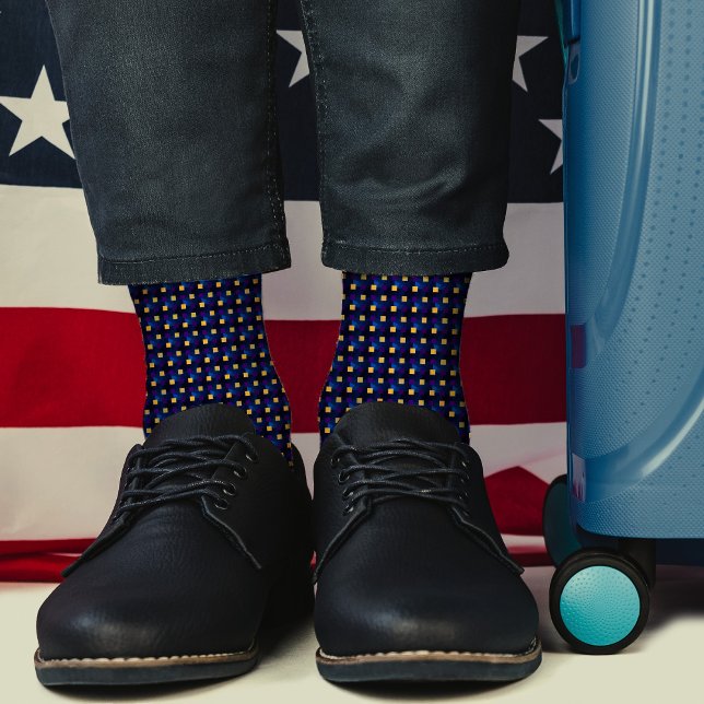 Navy Yellow Pixels Cool Chequered Pattern Abstract Socks (Creator Uploaded)
