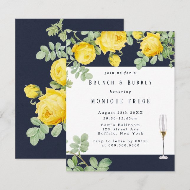 Navy Yellow Rose Rustic Brunch & Bubbly Invites (Front/Back)