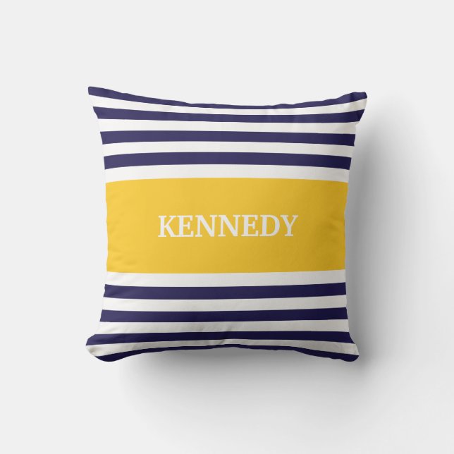 Navy Yellow Stripes Monogram Cushion (Front)