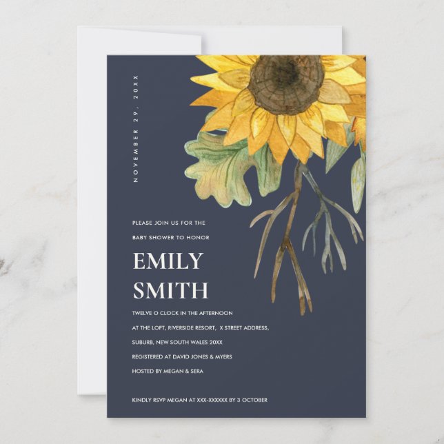 NAVY YELLOW SUNFLOWER FLORAL BABY SHOWER INVITE (Front)