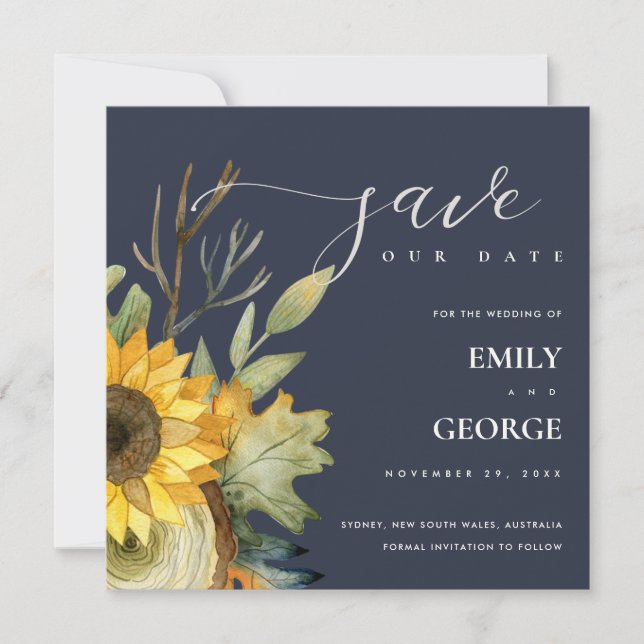 NAVY YELLOW SUNFLOWER FLORAL SAVE THE DATE CARD (Front)