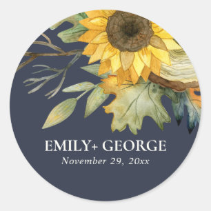 NAVY YELLOW SUNFLOWER WATERCOLOR FLORAL WEDDING CLASSIC ROUND STICKER