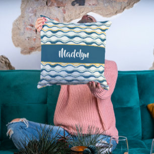 Navy Yellow Teal Waves Personalized Coastal Decor Cushion