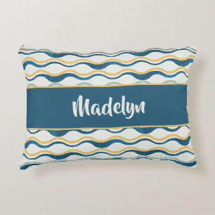 Navy Yellow Teal Waves Personalized Coastal Decor Decorative Cushion