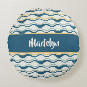 Navy Yellow Teal Waves Personalized Coastal Decor Round Cushion
