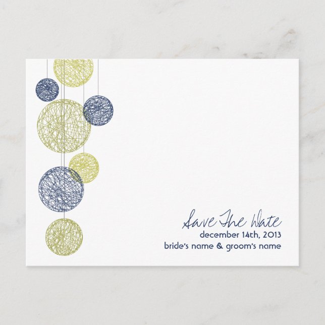 Navy & Yellow Twine Globes Wedding Save The Date Announcement Postcard (Front)