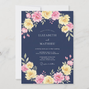 Navy Yellow Vibrant Floral Wedding Invitation