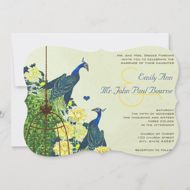 Navy & Yellow Vintage Peacock Bird Cage Wedding Invitation (Front)