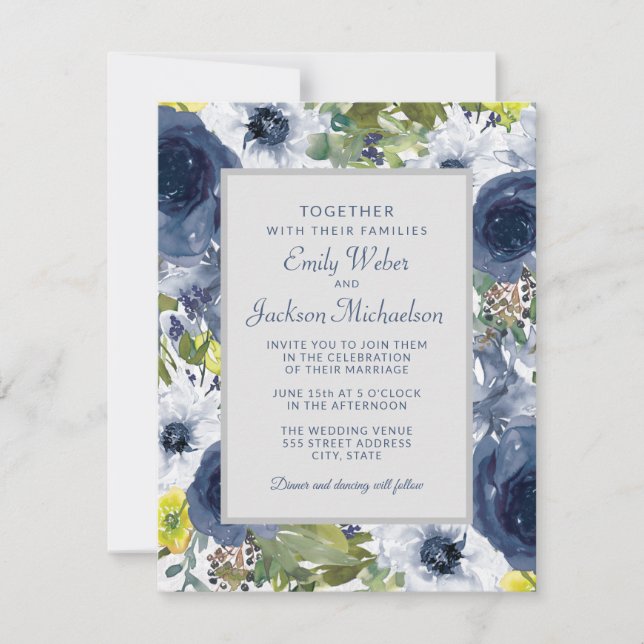 Navy Yellow White Floral and Grey Wedding Invitation (Front)