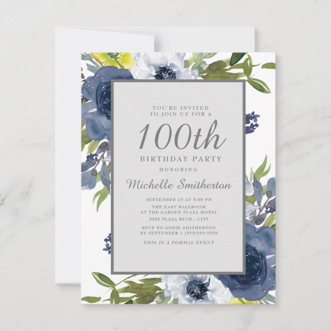 Navy Yellow White Floral Leaves 100th Birthday Invitation (Front)