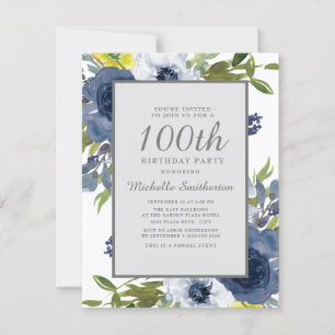 Navy Yellow White Floral Leaves 100th Birthday Invitation