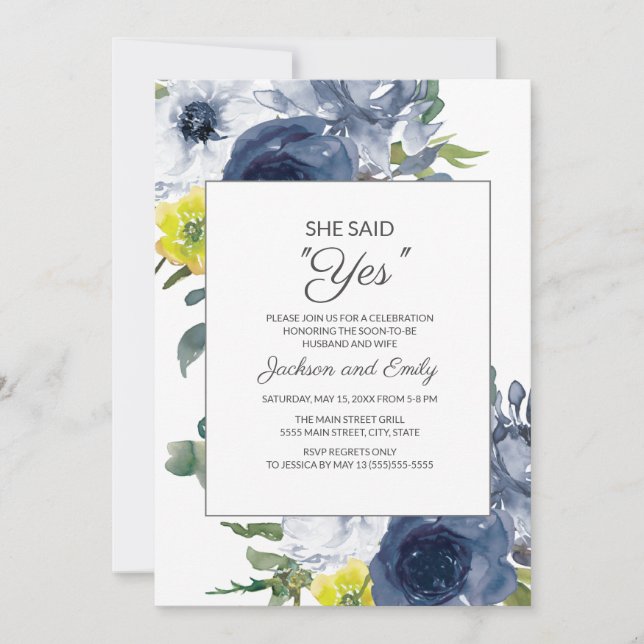 Navy Yellow White Floral She Said Yes Engagement Invitation (Front)