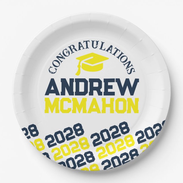 Navy, Yellow & White Personalised Graduation Paper Plate (Front)