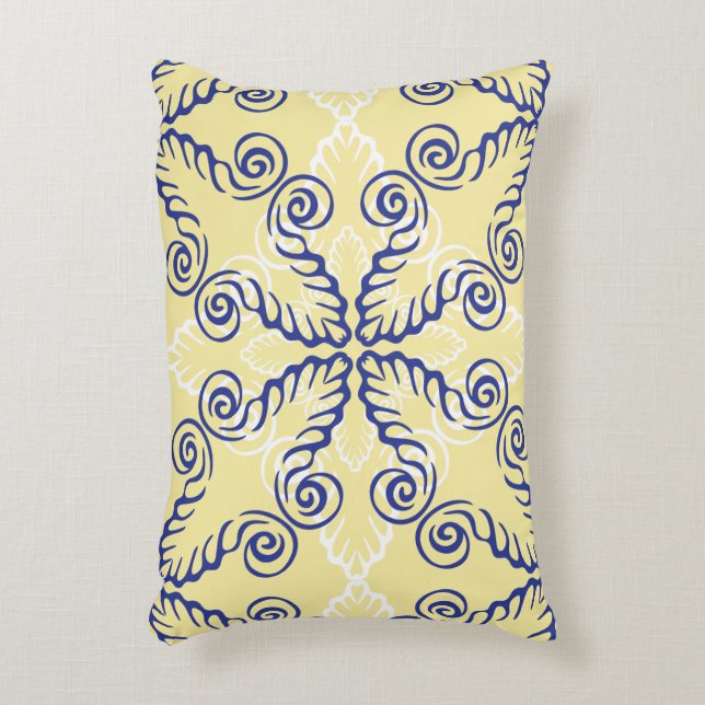 Navy Yellow White Scrollwork Pattern Accent Pillow (Front(Vertical))