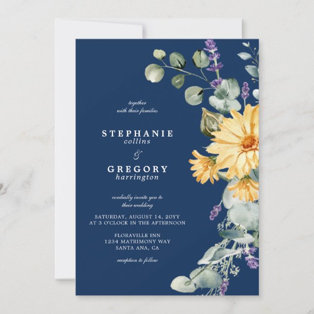 Navy Yellow Wildflower Wedding Invitation (Front)
