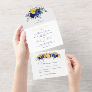 Navy & Yellowish Gold Floral Bouquet All In One Invitation