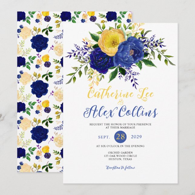 Navy & Yellowish Gold Floral Bouquet Wedding Invit Invitation (Front/Back)