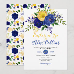Navy & Yellowish Gold Floral Bouquet Wedding Invit Invitation