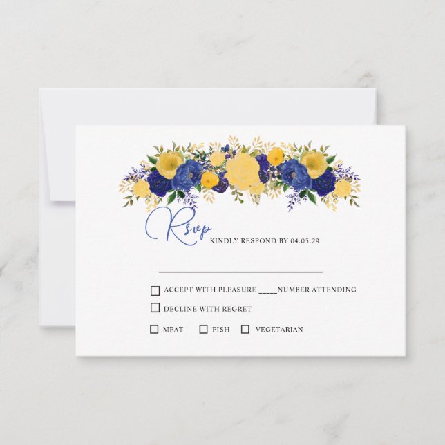 Navy & Yellowish Gold Floral Bouquet Wedding RSVP Card (Front)