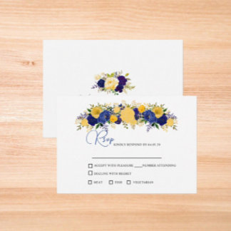 Navy & Yellowish Gold Floral Bouquet Wedding RSVP Card